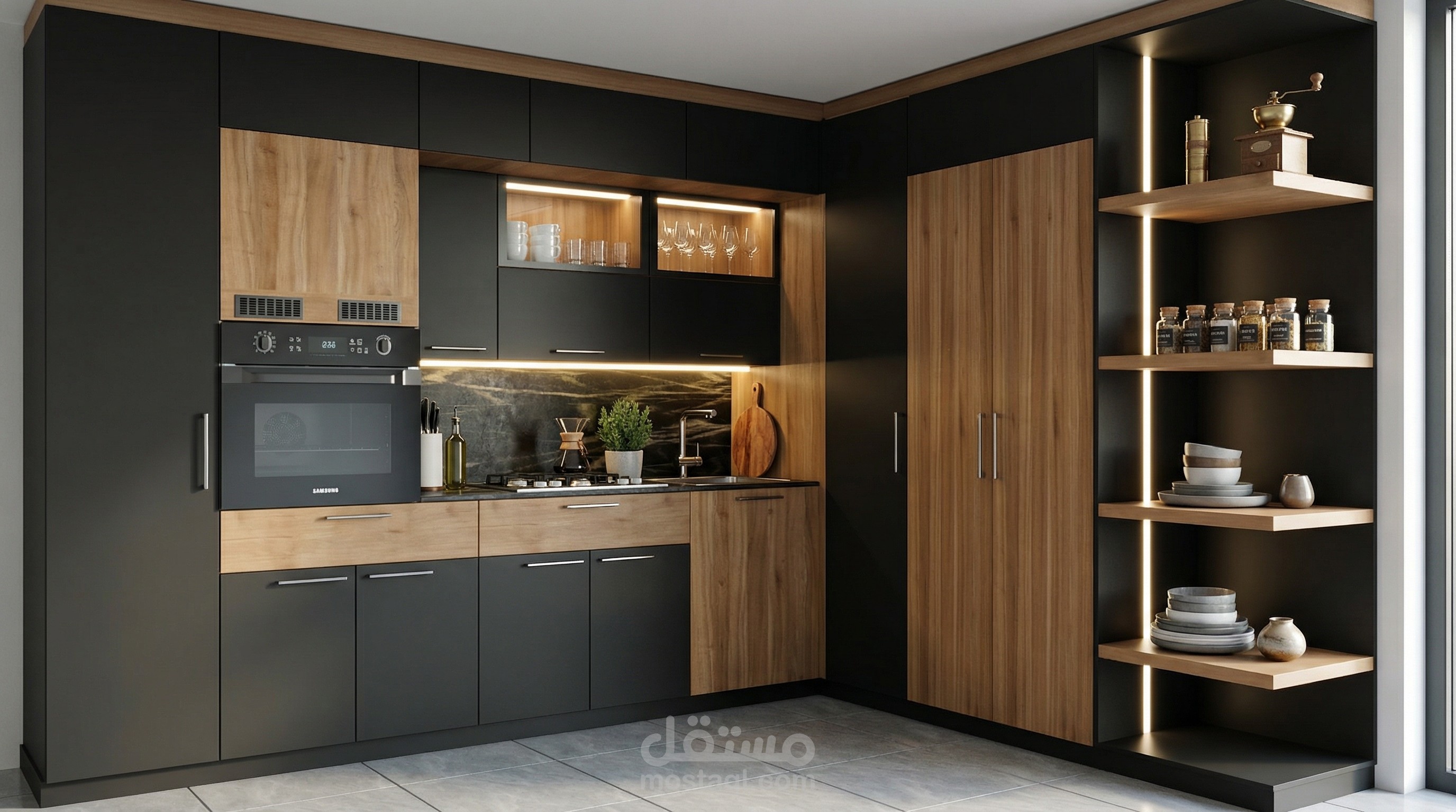 تصميم مطبخ "مودرن" أسود مطفي مع لمسات خشبية (المخطط الكامل من الفكرة حتى التنفيذ)