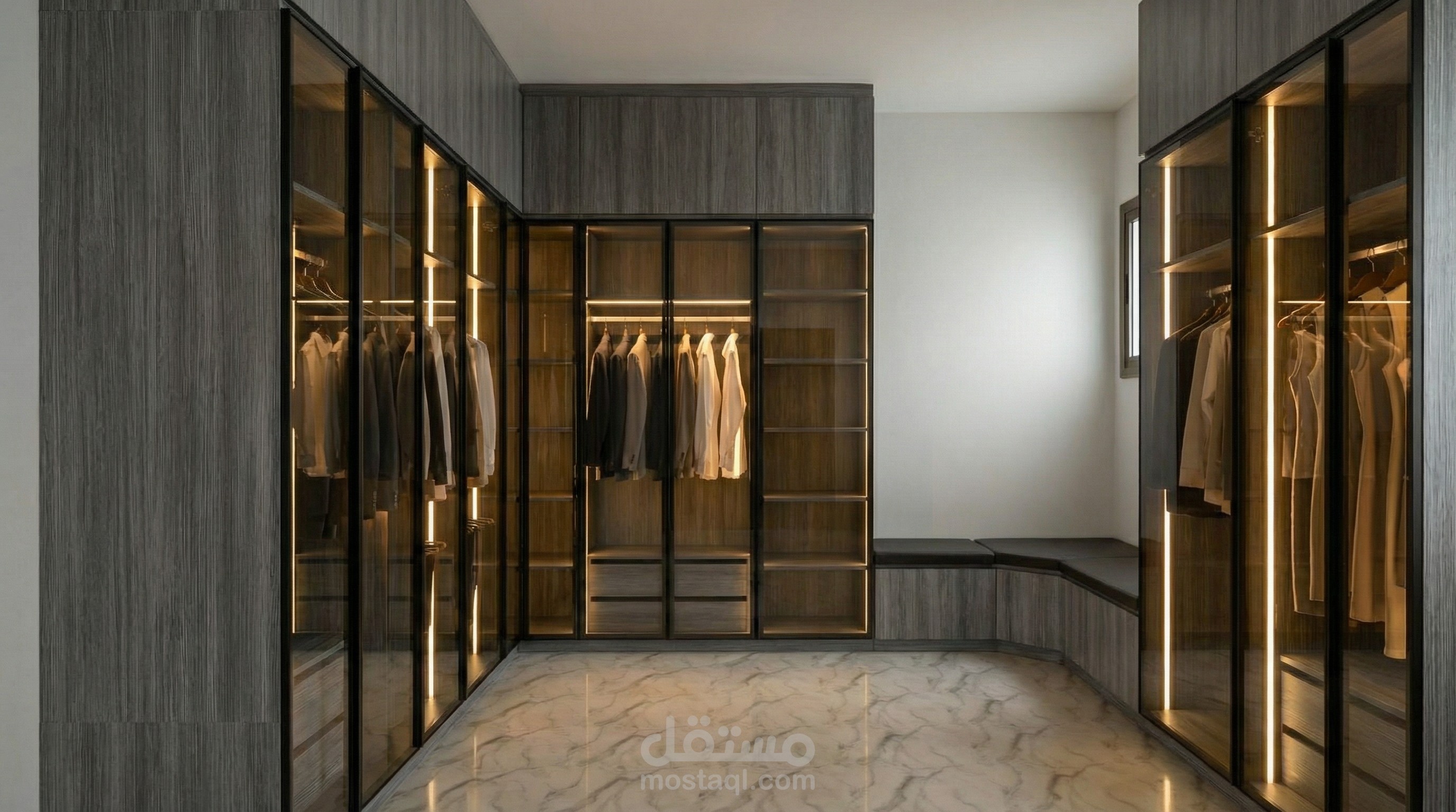 تصميم دريسنج روم (Dressing Room) فاخرة بنظام الإضاءة الذكي واستغلال المساحات