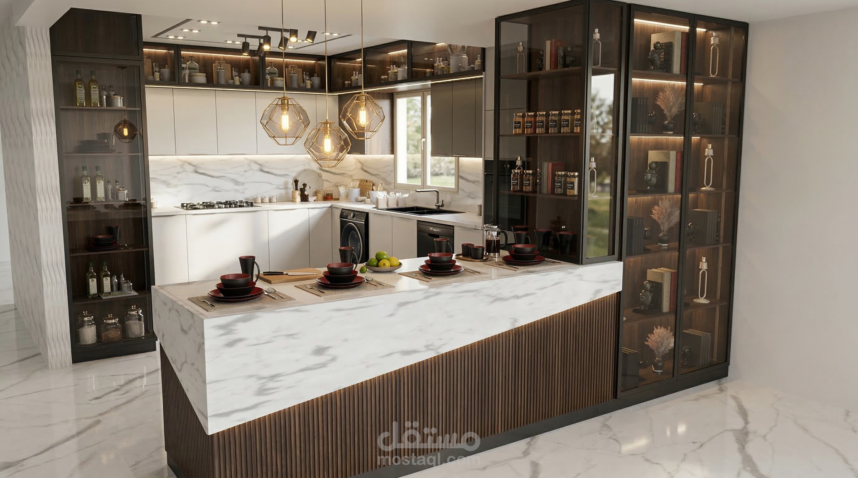 تصميم مطبخ مودرن رمادي High Gloss بتطعيم خشبي