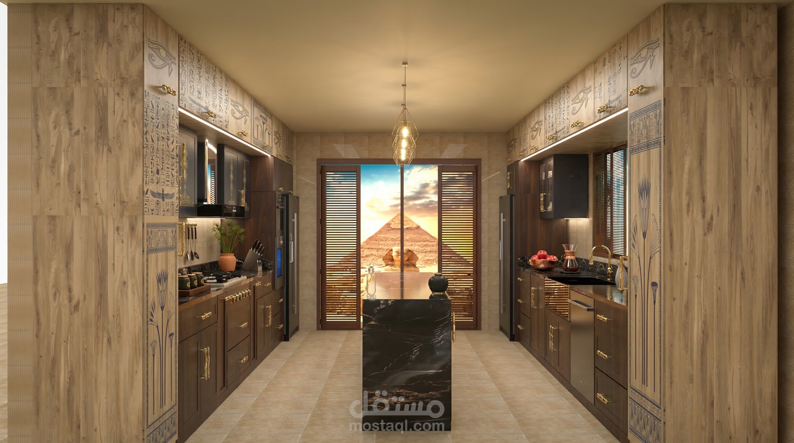 تصميم مطبخ ملوكي بطراز فرعوني فاخر (تصميم قابل للتنفيذ 100%)