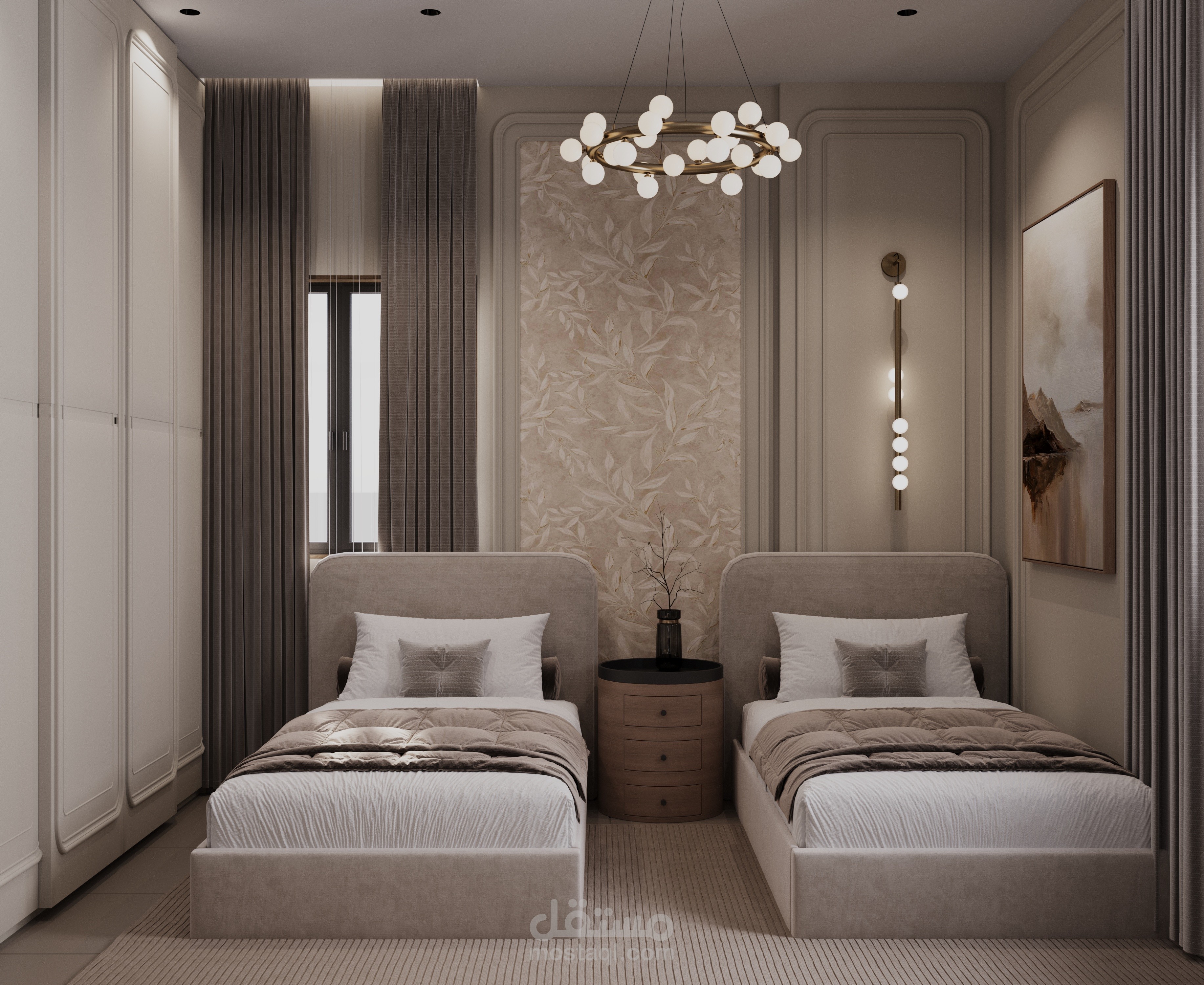 تصميم غرفة نوم مزدوجة طراز neoclassic.