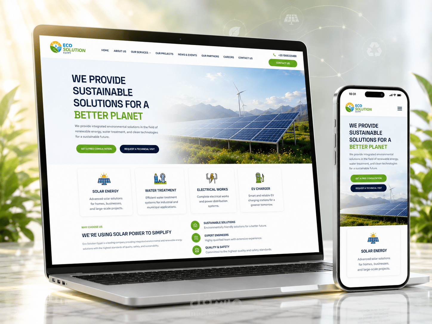 تطوير موقع شركة هندسية متخصصة في الطاقة المتجددة بـ WordPress (Eco Solutions)