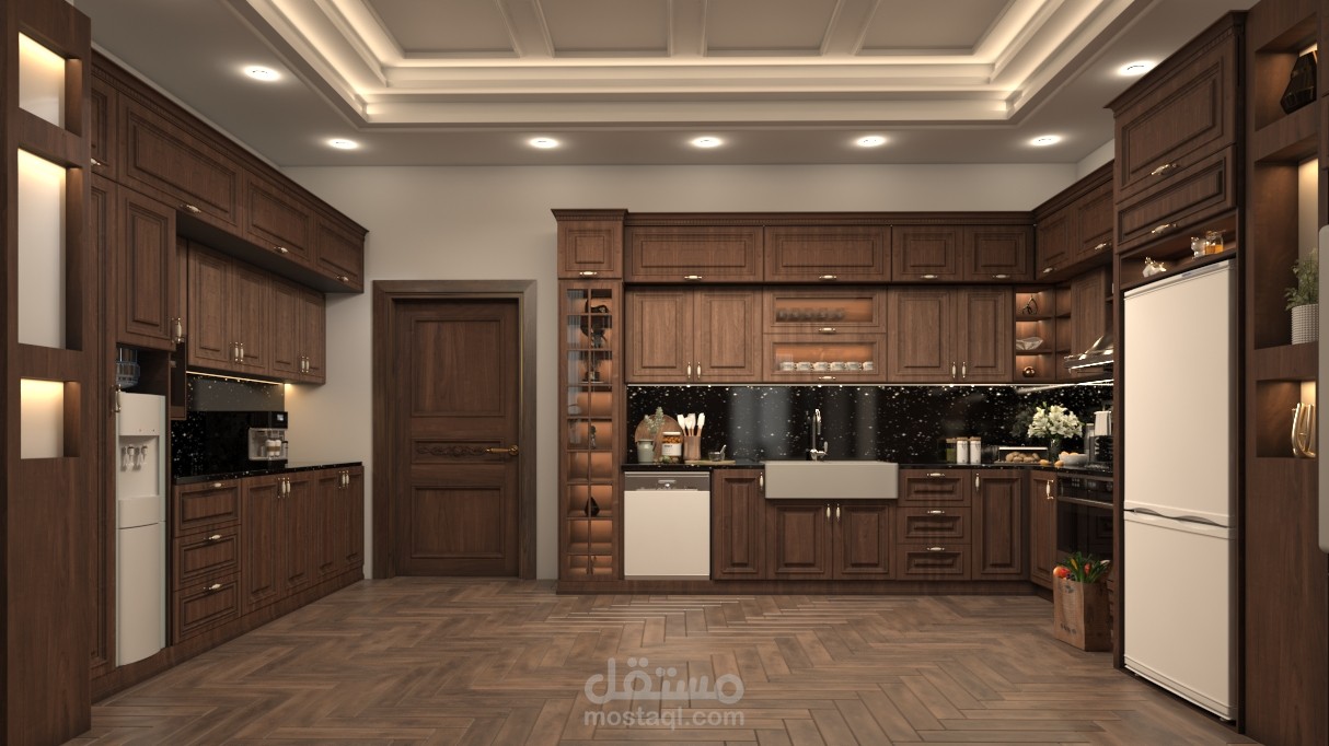 تصميم مطبخ منزلي من ألواح الخشب باعتماد النمط الكلاسيكي المعاصر