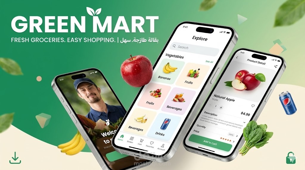 تصميم وبرمجة واجهات تطبيق متجر إلكتروني (Green Mart) باستخدام Flutter