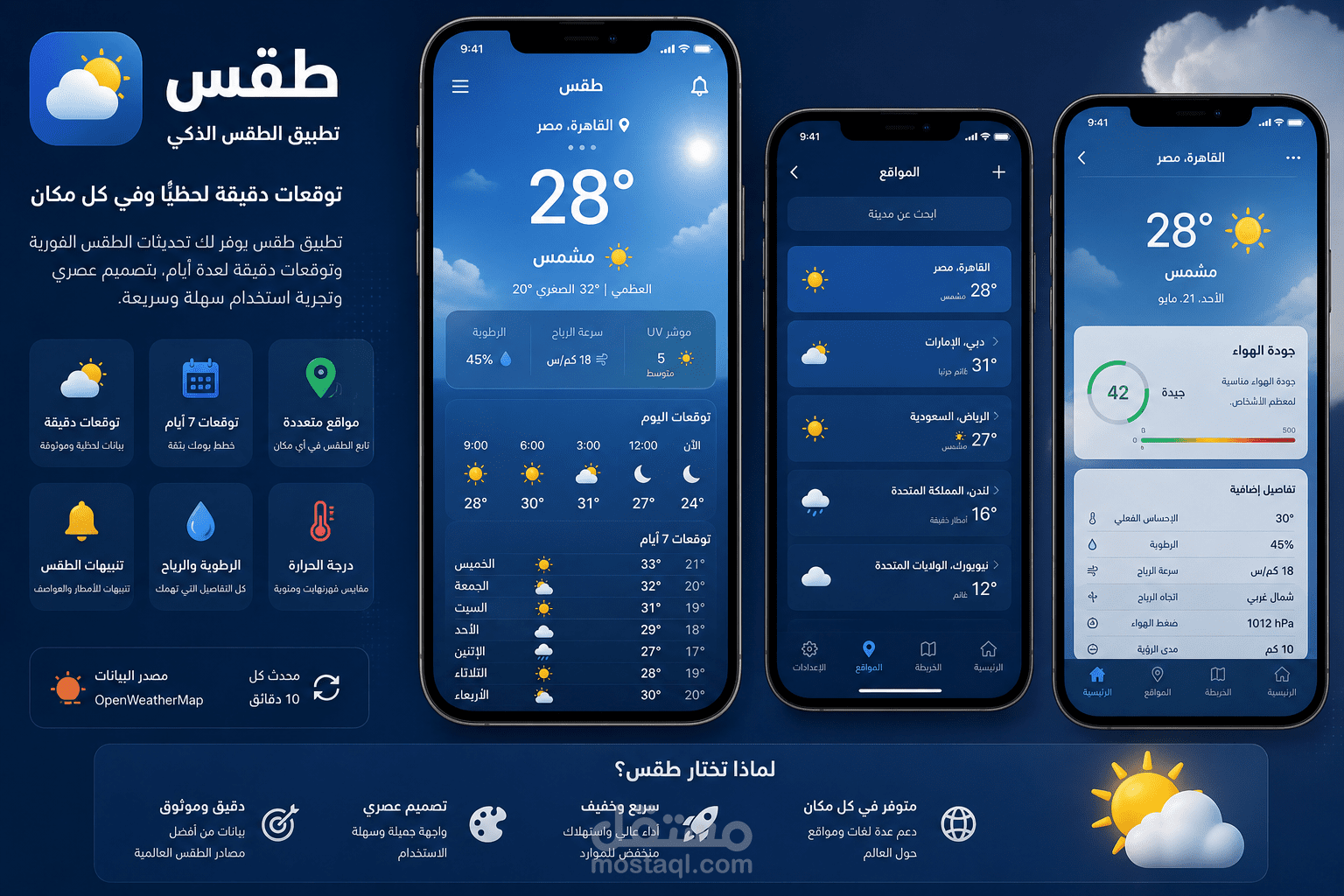تصميم تطبيق طقس احترافي UI/UX بتجربة مستخدم عصرية (Weather App Design)