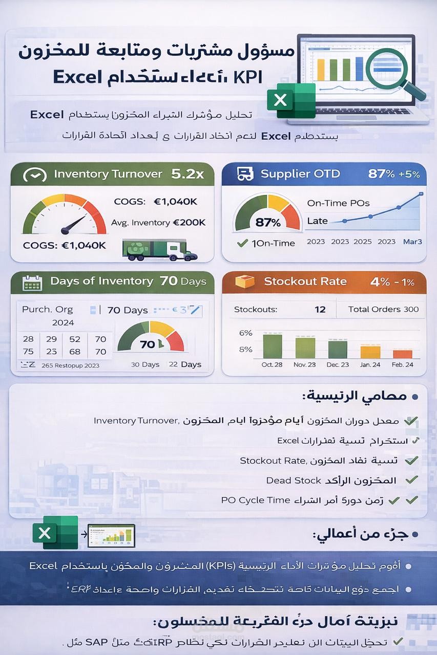 مسؤول مشتريات ومتابعه المخزون مع تحليل مؤشرات الاداء KPI باستخدام Excel