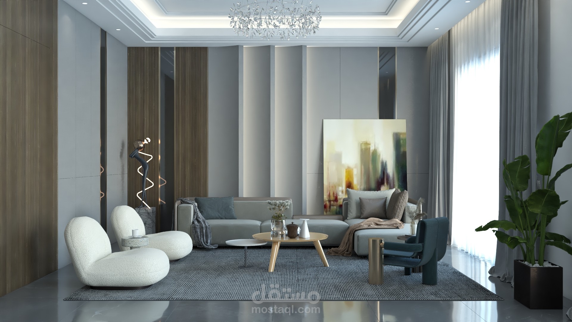 تصميم صالة استقبال مع غرفة طعام ومطبخ مودرن بالضافة إلى mood board