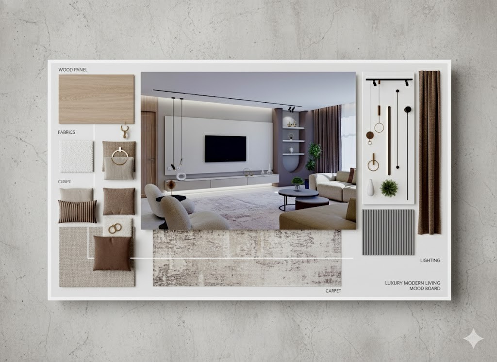تصميم صالة عائلية نيو كلاسيك  مع mood board في الرياض