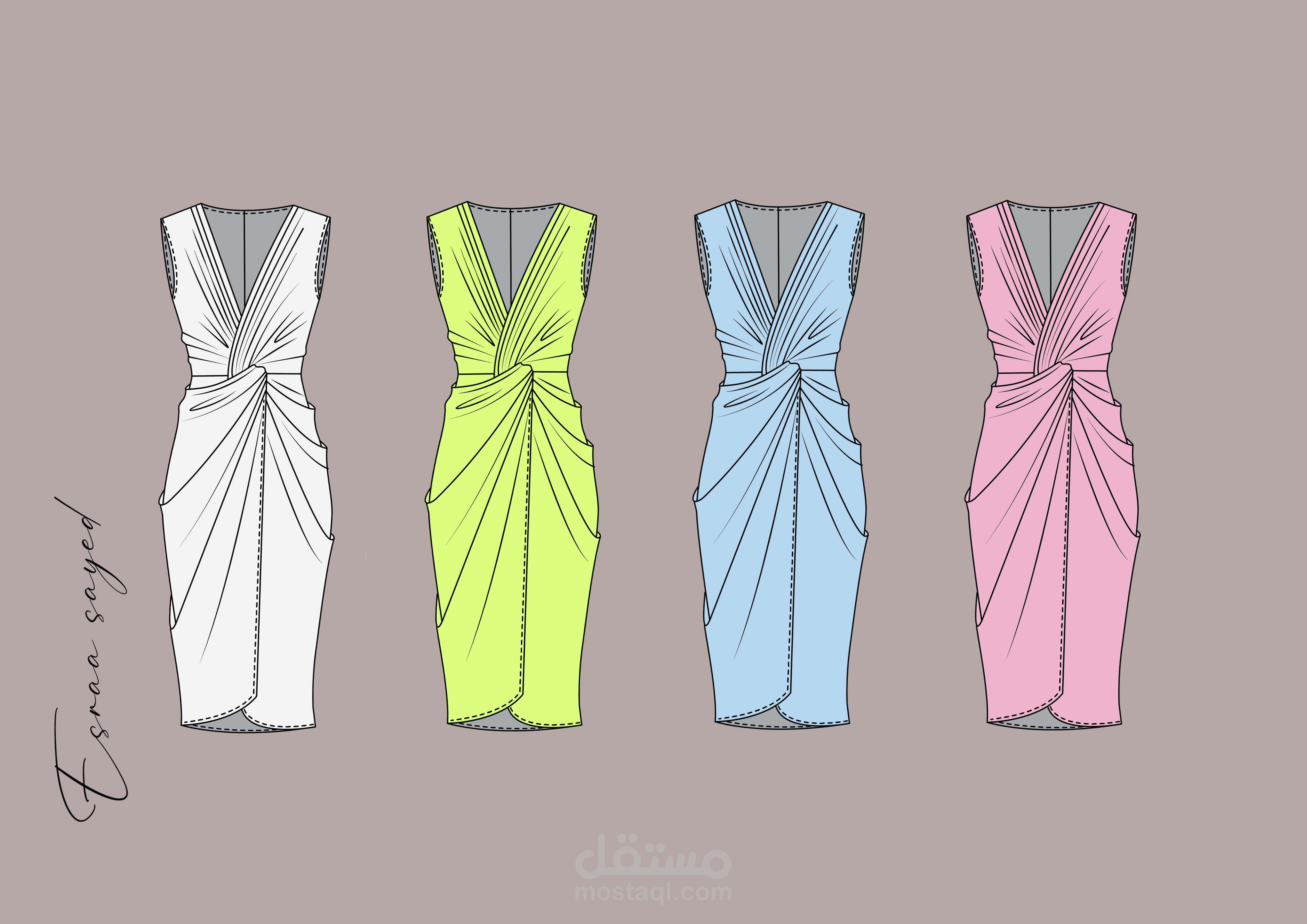 رسم مسطح لفستان سهرة بالوان مختلفة باستخدام برنامج الاليستريتور