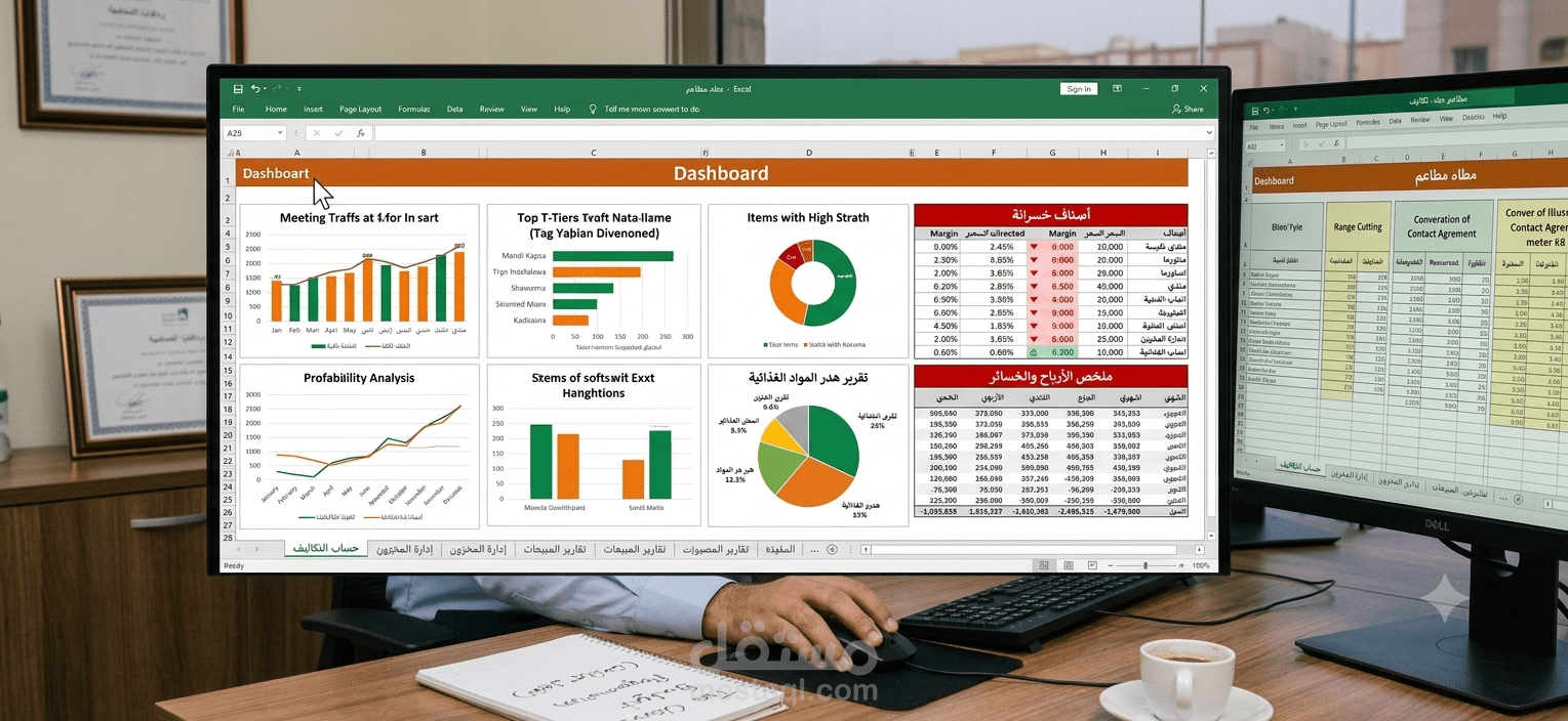 نظام مالي متكامل لإدارة وتسعير تكاليف المطاعم وتحليل الربحية Excel