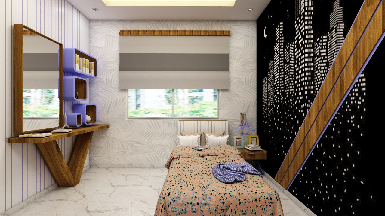 تصميم داخلي لغرفة نوم منفردة.