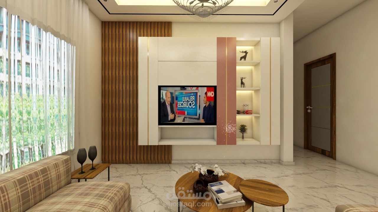 تصميم داخلي وديكور لصالة معيشة بجودة عالية واحترافية .