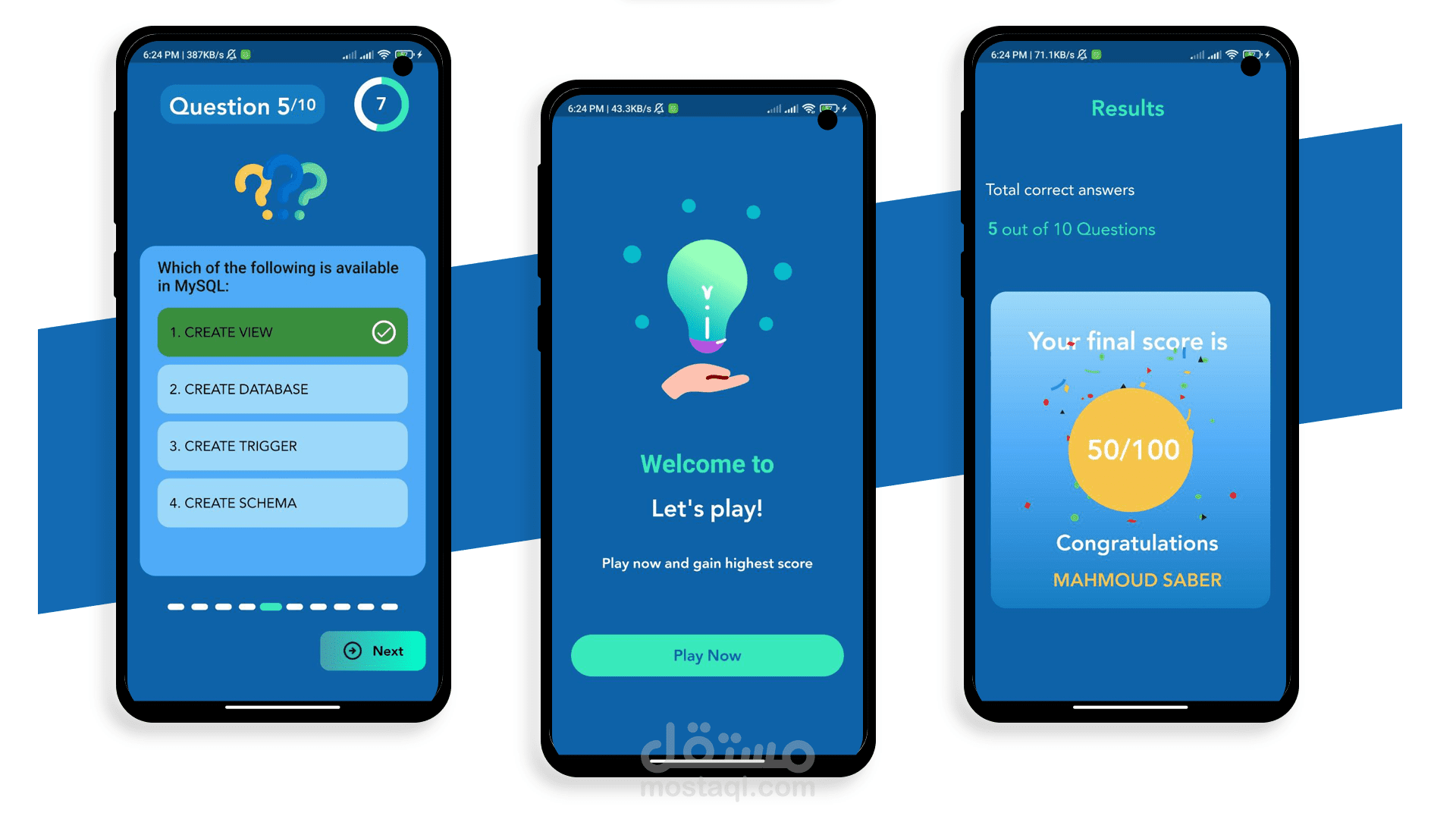 Quiz App | تطبيق تعليمي للأختبارات من نوع اختر من متعدد مع تحديد الاجابات الصحيحة واعطاء الدرجة النهائية