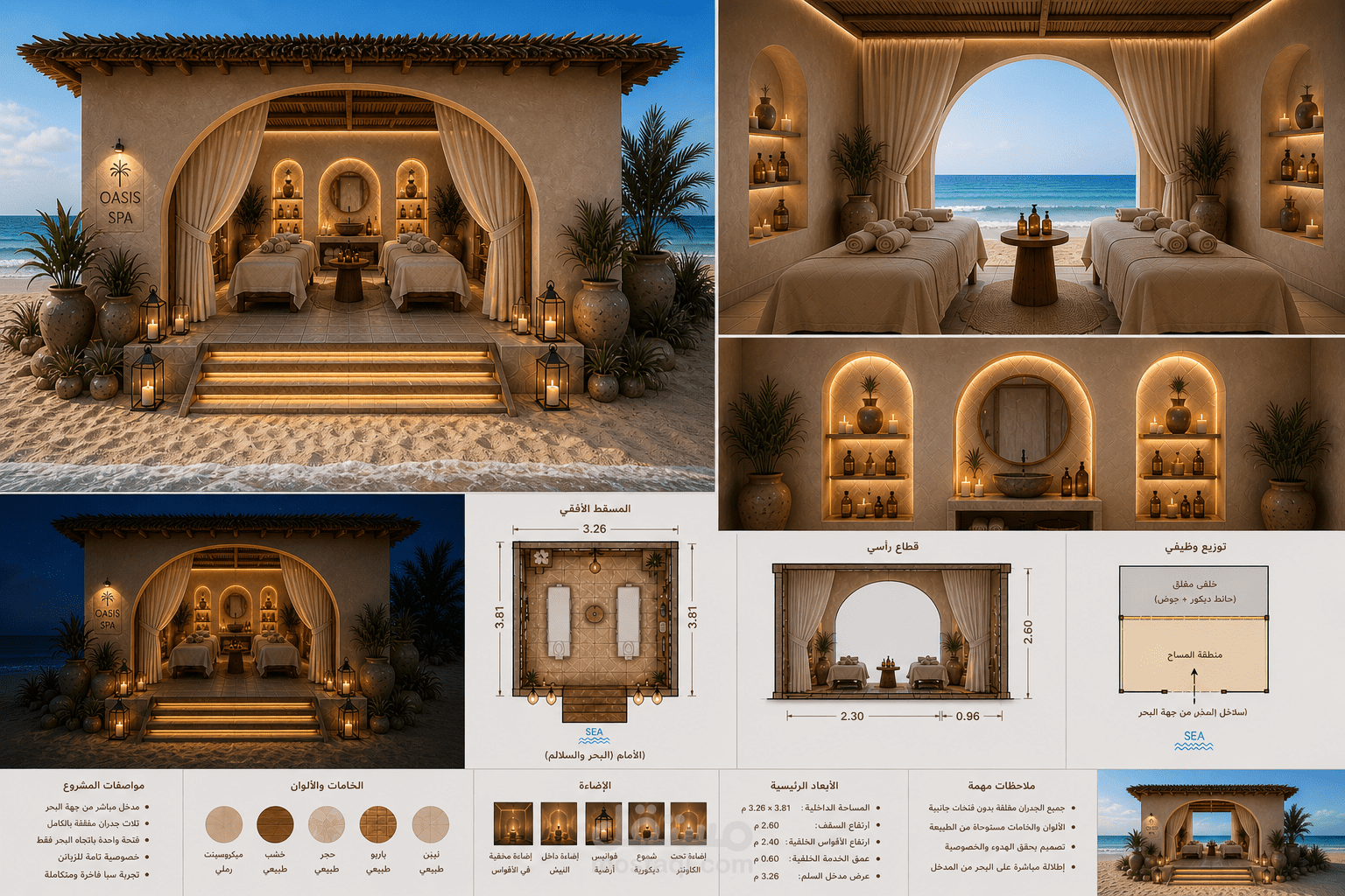 جناح مساج شاطئي – قرية سياحية | تصميم معماري وتنفيذي