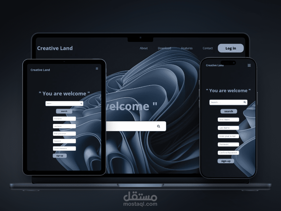 Creative land واجهة ويب تفاعلية باستخدام HTML وCSS وJavaScript