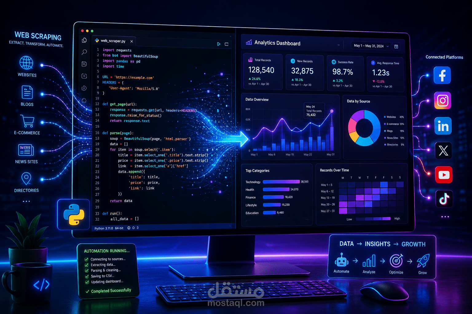 أداة استخراج وتحليل بيانات المنافسين على منصات التواصل (Web Scraping & Automation)
