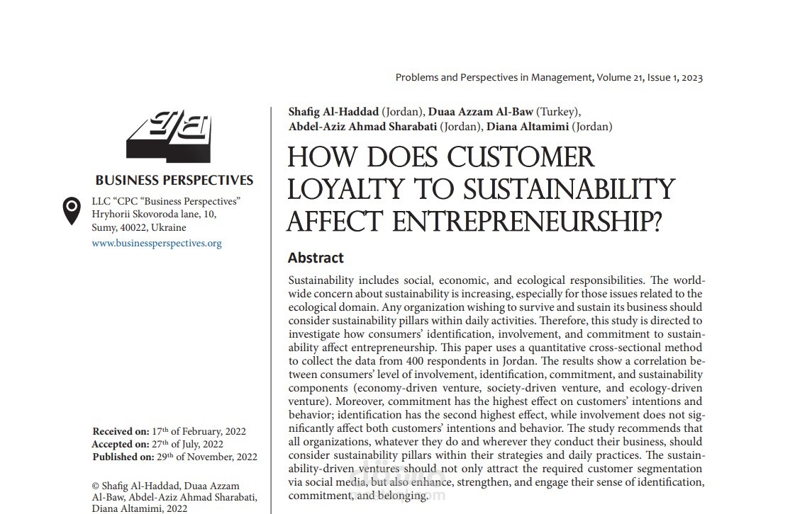Published Research Paper at Scopus Indexed Journal: How does customer loyalty to sustainability affect entrepreneurship?