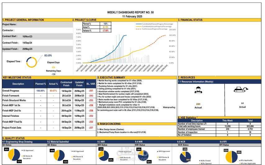Weekly Dashboard Report for Project Performance