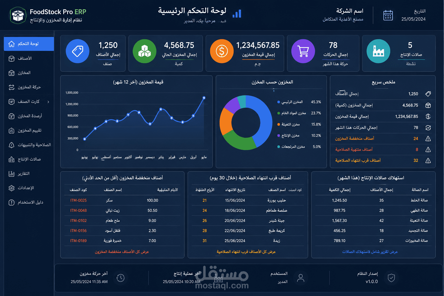 تصميم شيت Excel احترافي لإدارة المخزون والإنتاج والتقارير الديناميكية