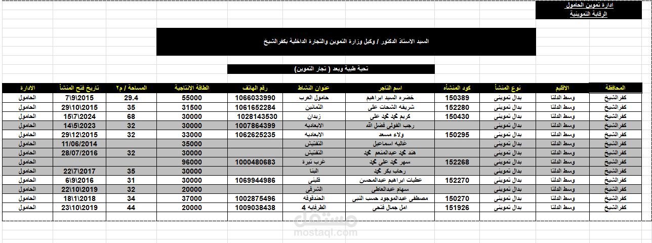 تنسيق جدول Excel لبيانات الأنشطة التموينية