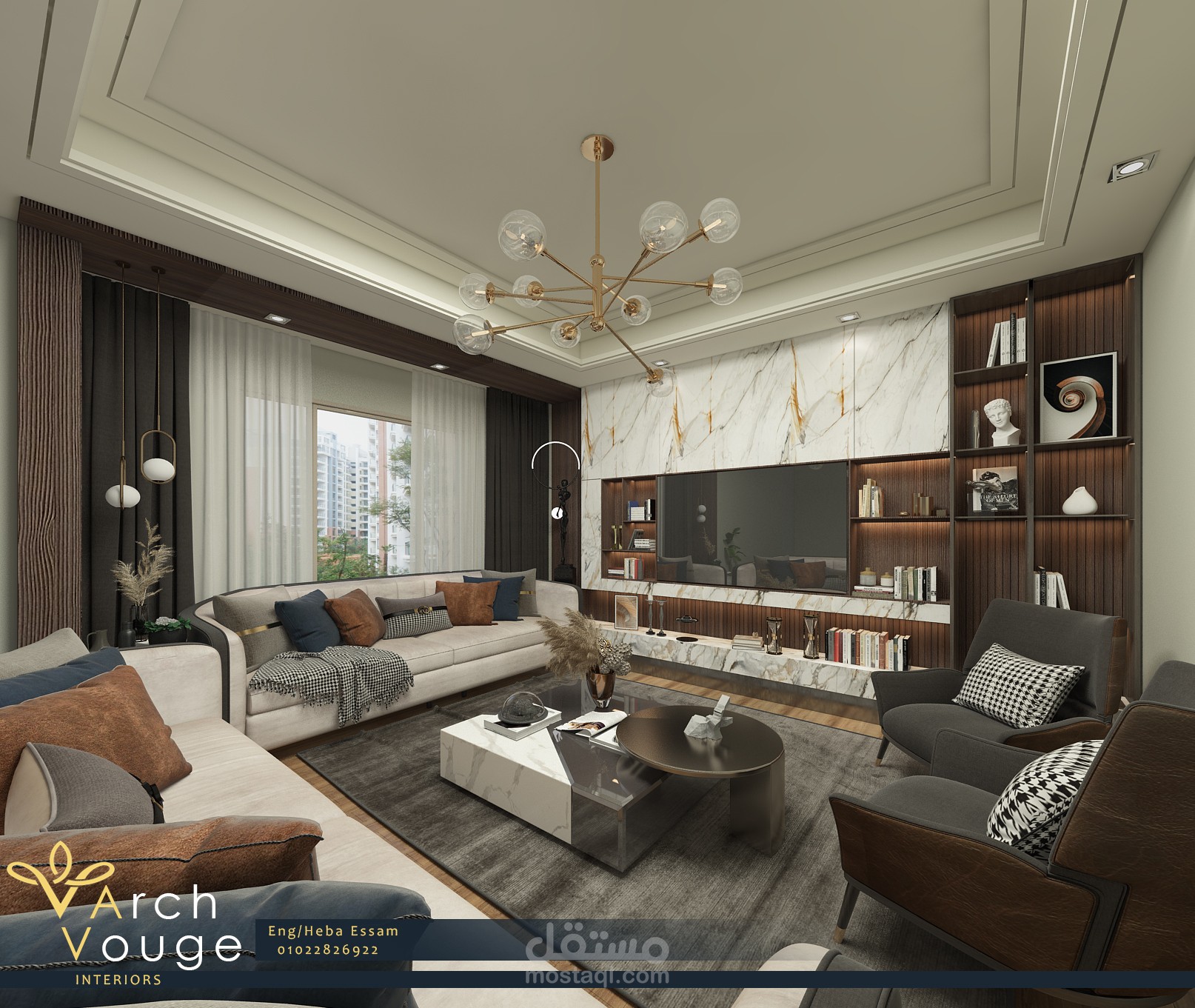 تصميم   modern reception  ضمن مشروع تصميم شقة سكنية بكومباوند الخمائل بالشيخ زايد