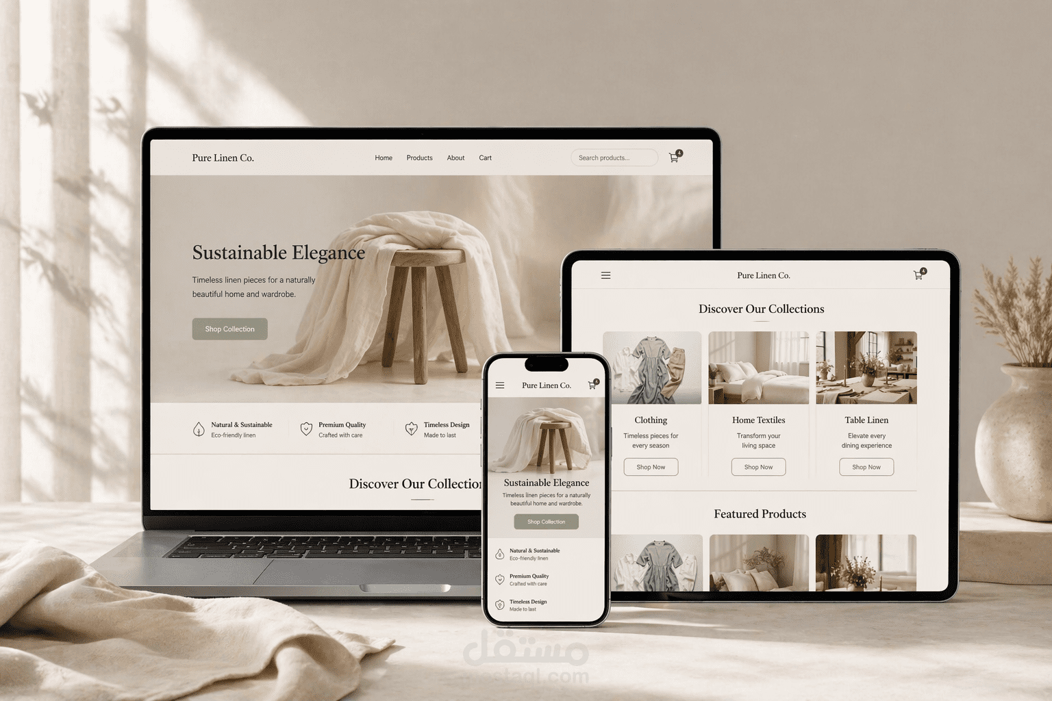 تصميم وتطوير موقع إلكتروني E Commerce لمتجر Pure Linen Co لبيع منتجات الأقمشة بأسلوب عصري (UI/UX + Web Design)