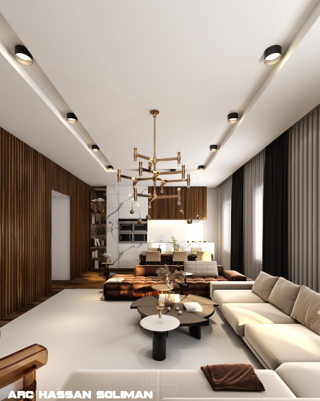 تصميم 3D لصاله استقبال مع مطبخ امريكي ملحق بها