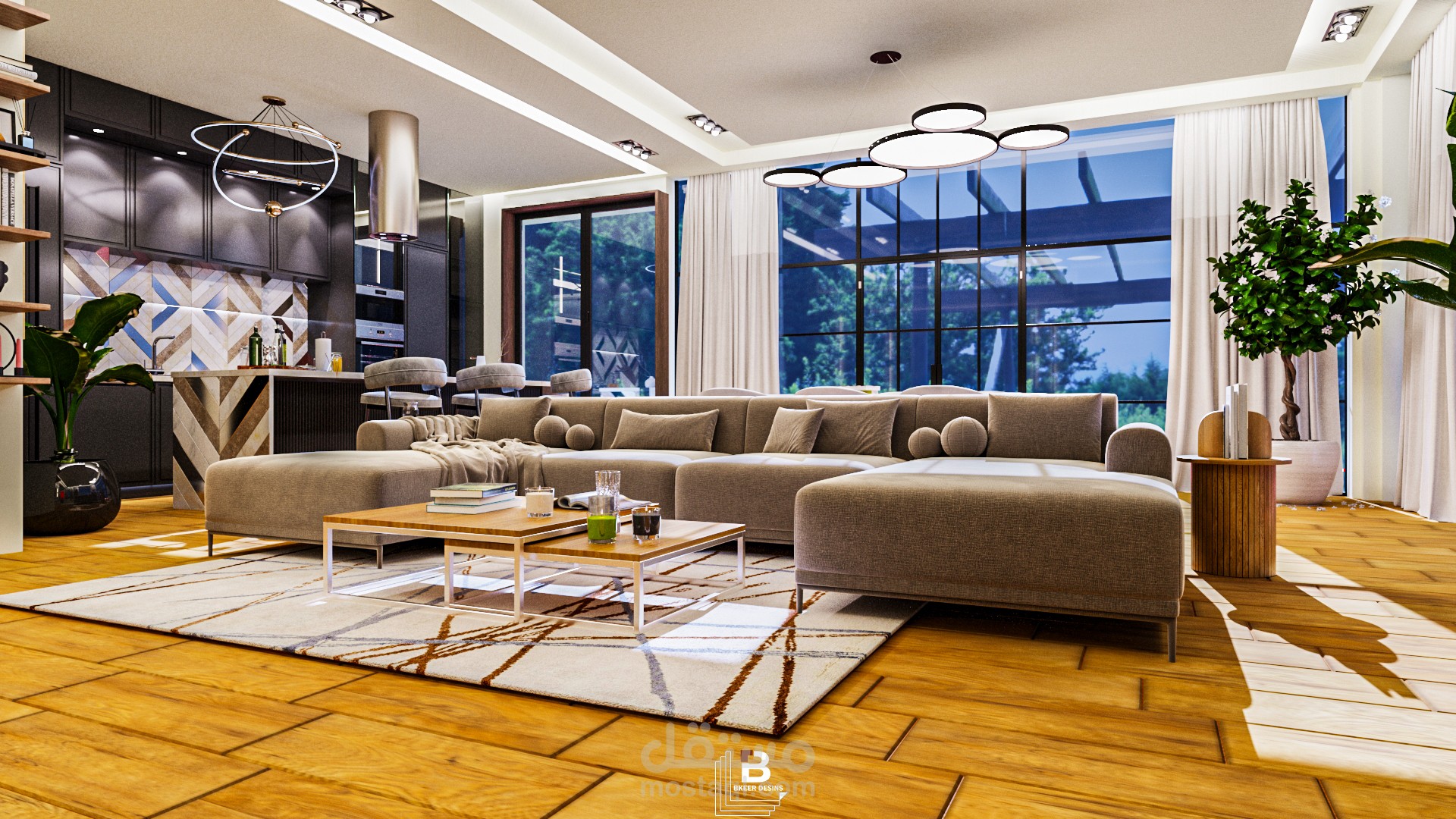 Living room design with open kitchen