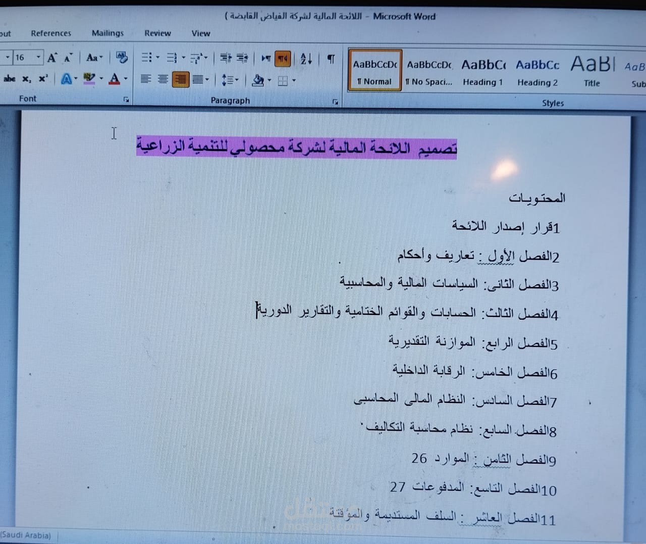 تصميم اللائحة الماليةللشركة