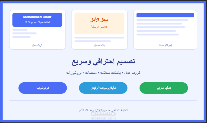 تصميم كروت عمل ويافطات وتنسيق مستندات احترافية بالفوتوشوب والأوفيس