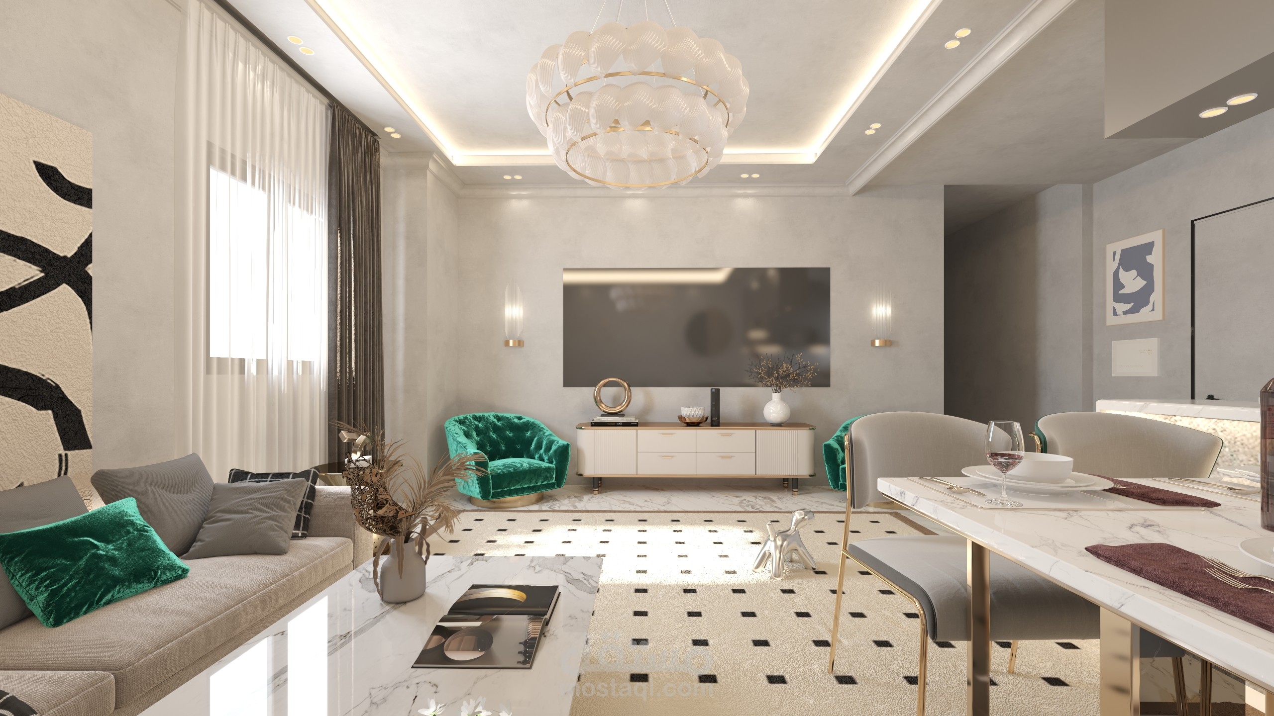 تصميم غرفة معيشة ومطبخ