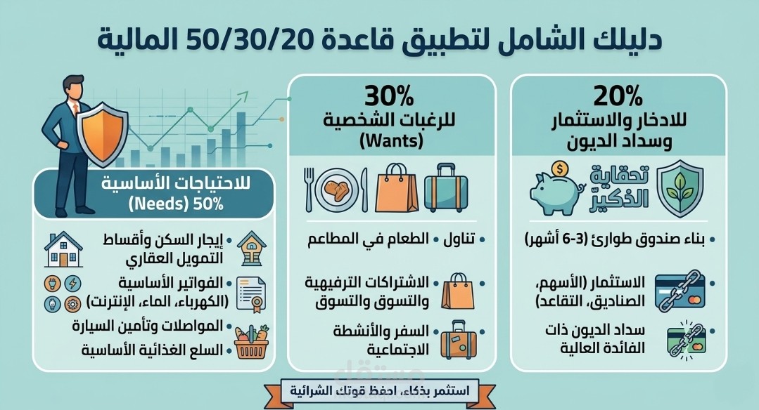 قاعدة 50/30/20: دليلك العملي لإدارة ميزانيتك الشهرية بذكاء وبدون حرمان
