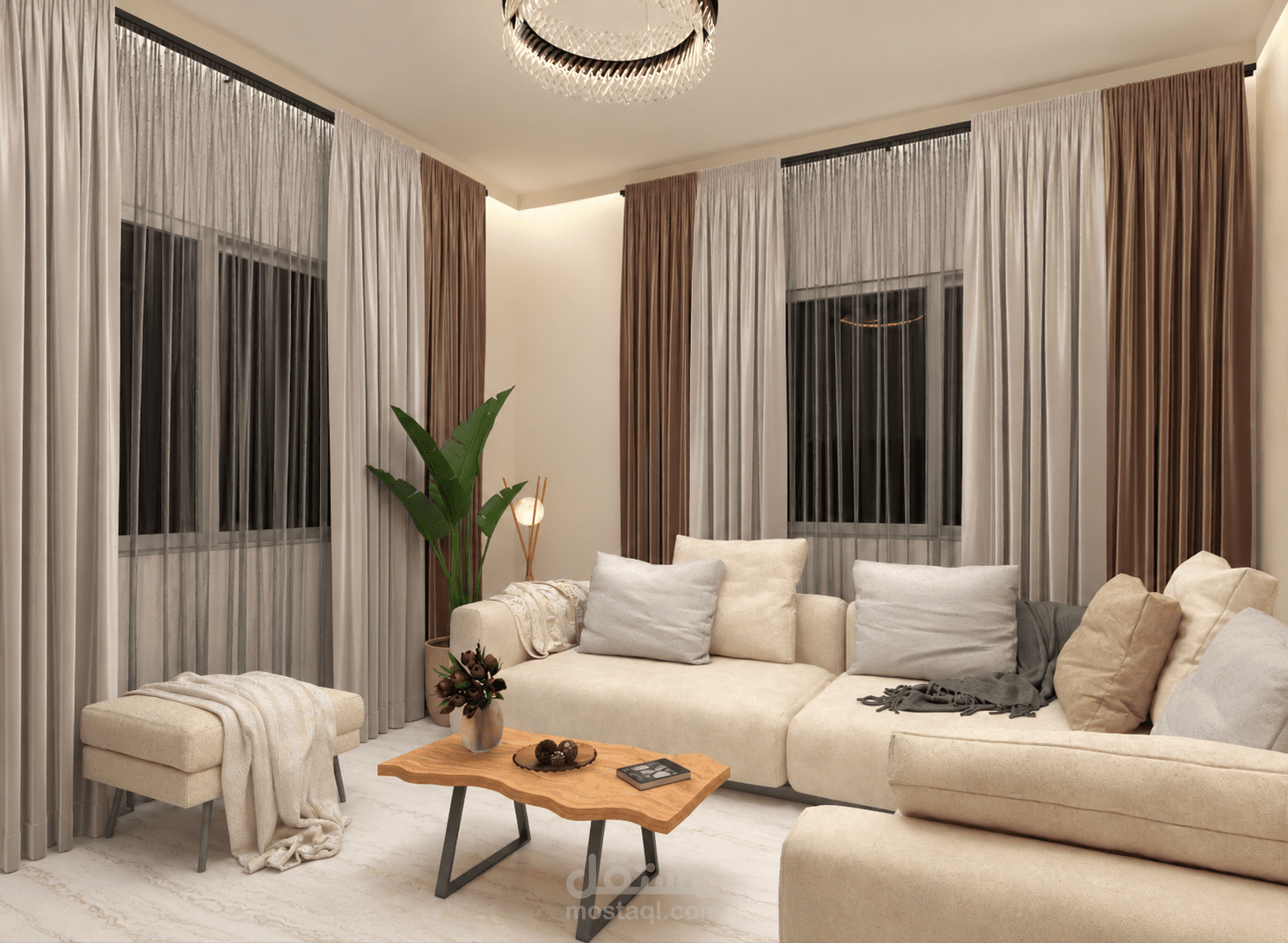 تصميم داخلي مودرن معاصر وإظهار ثلاثي الأبعاد لغرفة معيشة (Living Room)