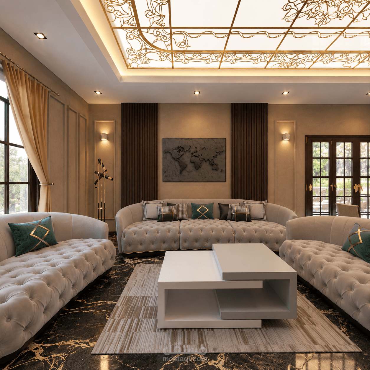 تصميم داخلي وإظهار معماري لصالون فاخر بنمط نيوكلاسيك مودرن (Neoclassical)