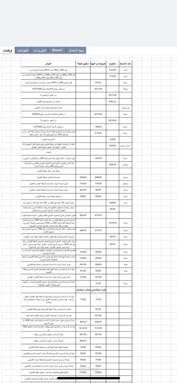 اكسيل لمشروع صرف صحي
