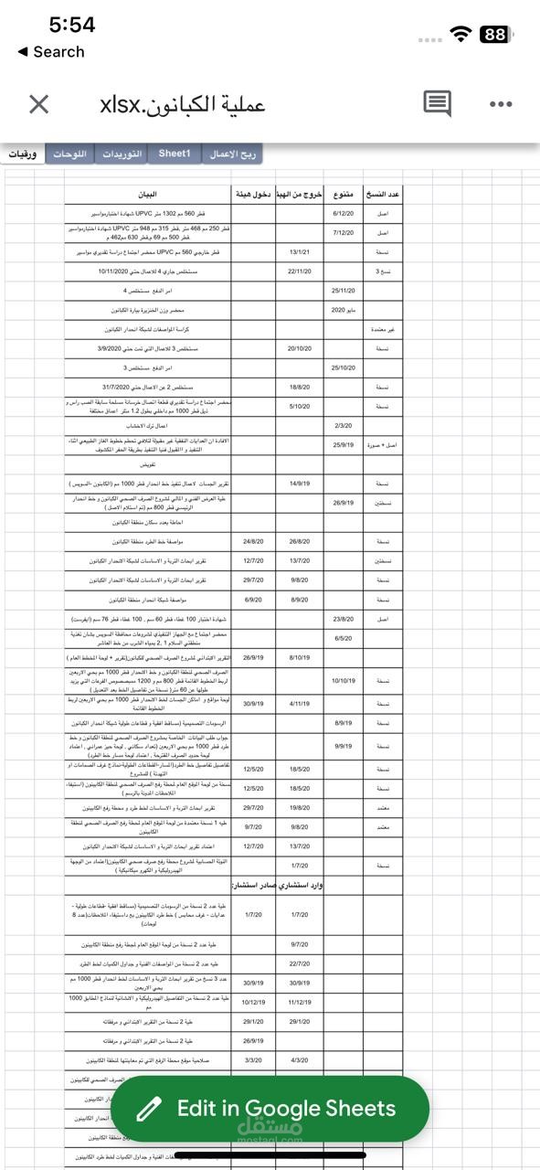 اكسيل شيت لمشروع الكبانون