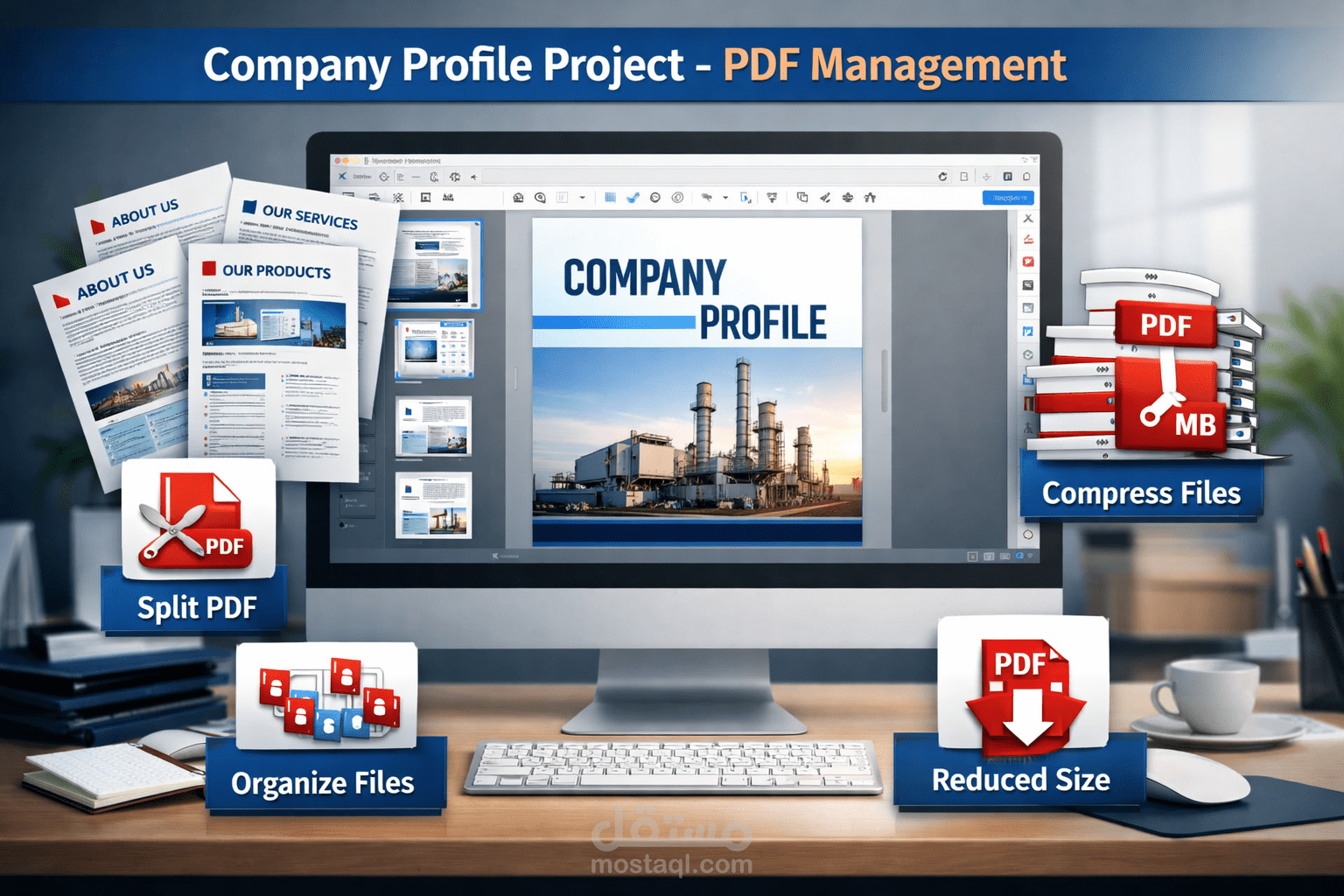 العمل على تقسيم ملف Company Profile وتصغير حجم الملف مع الحفاظ على الجوده