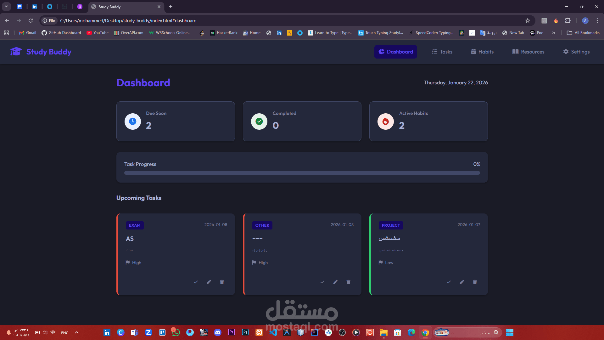 Study Buddy | تطبيق ويب لإدارة المهام والدراسة بواجهة عصرية