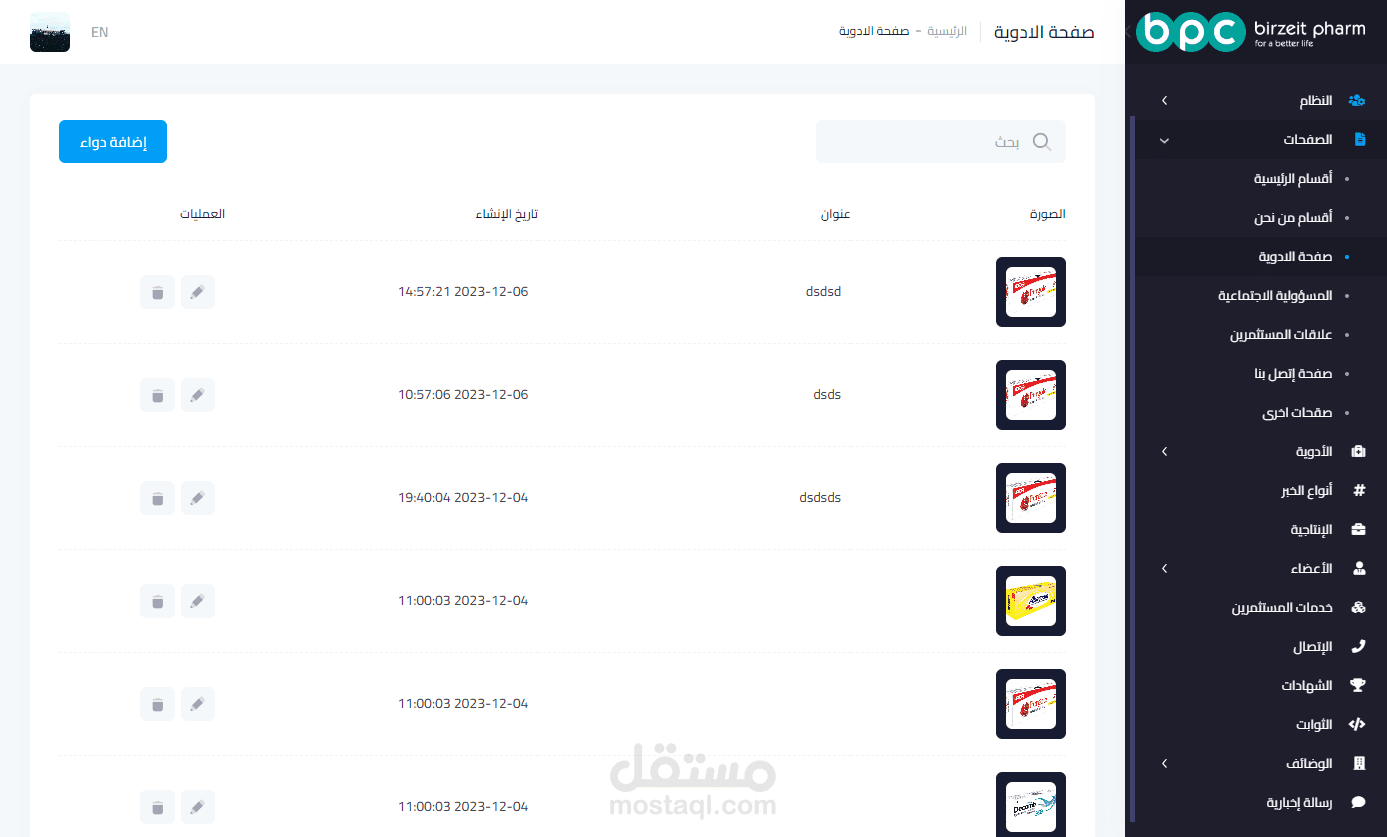 لوحة تحكم لموقع شركة بيرزيت للأدوية