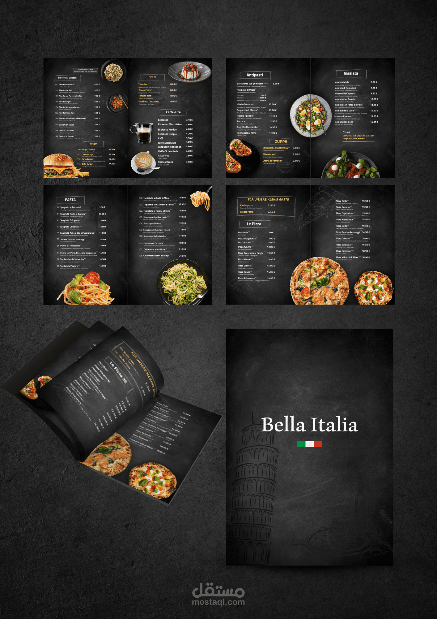 تصميم منيو  بلغتيني (إيطالي ، الماني ) لمطعم إيطالي