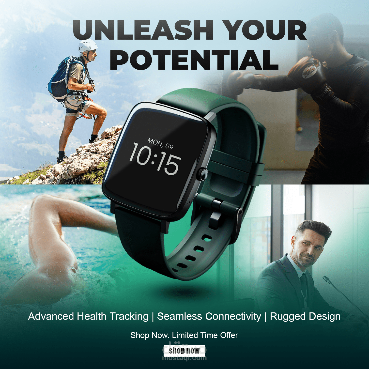 تصميم إعلان منتج (Product Ad) لساعة ذكية متعددة الاستخدامات.