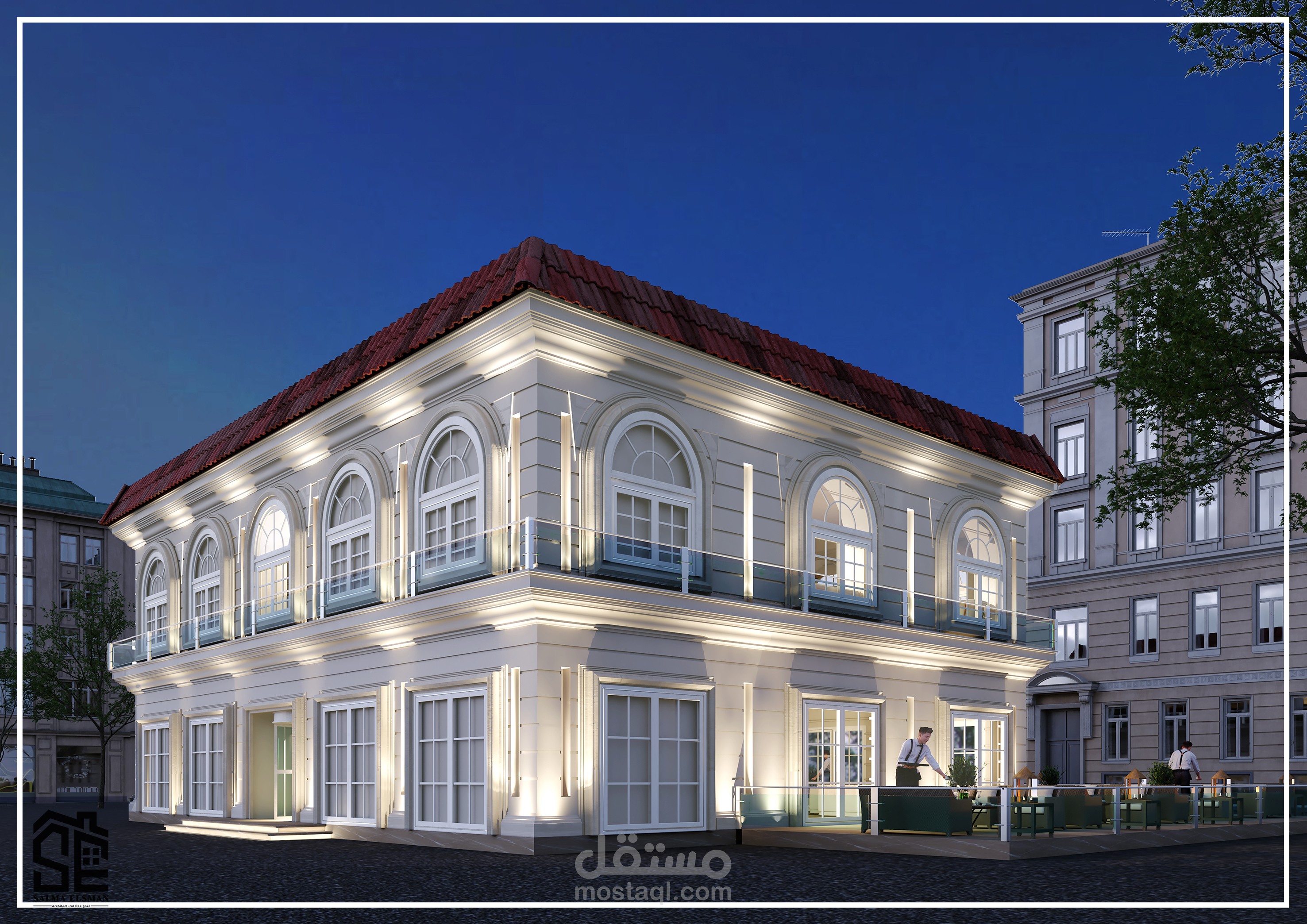 An exterior design for an club house building in the classic style