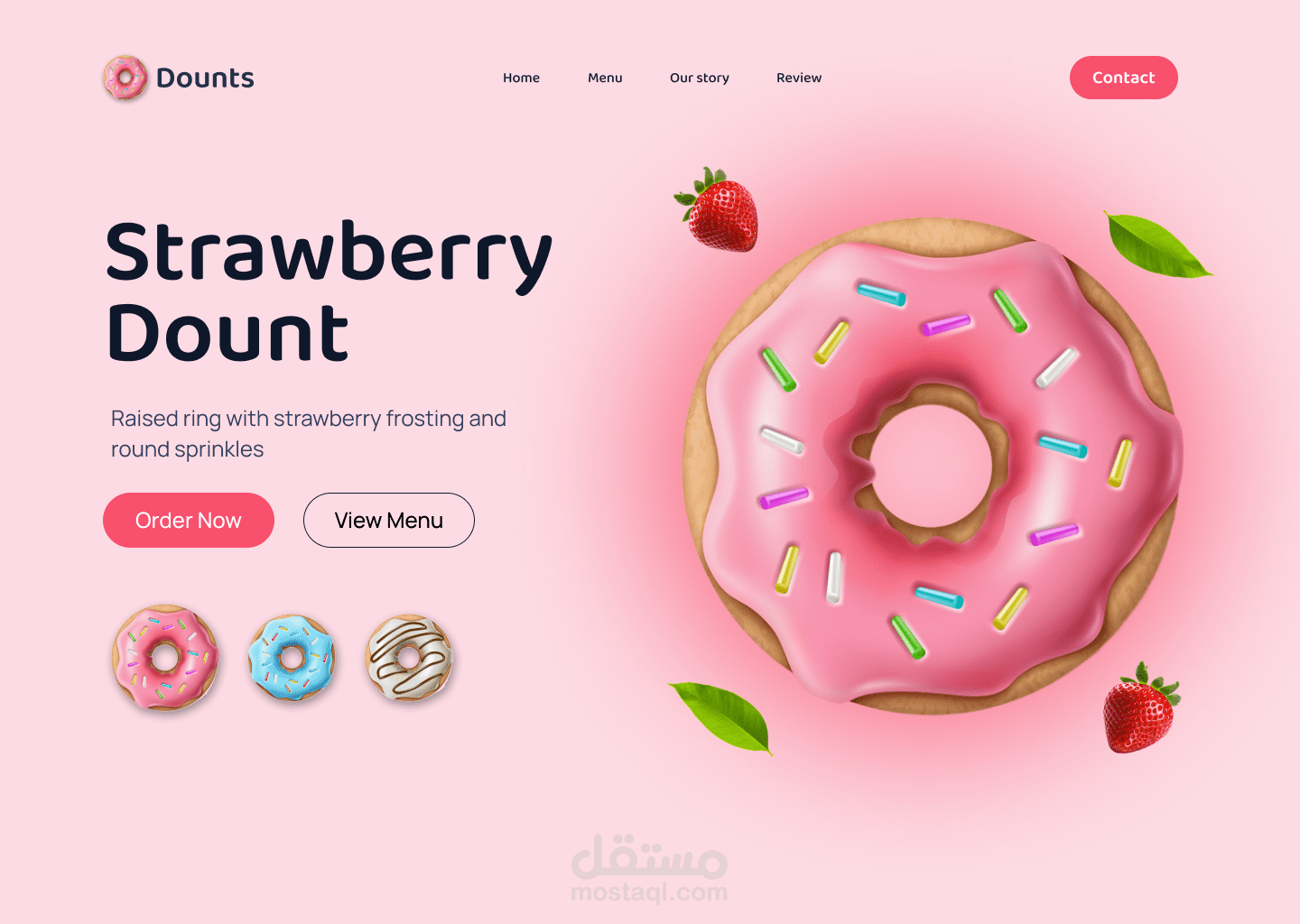 تصميم Landing Page احترافية لمنتجات الدونات (Blueberry - Chocolate - Strawberry)