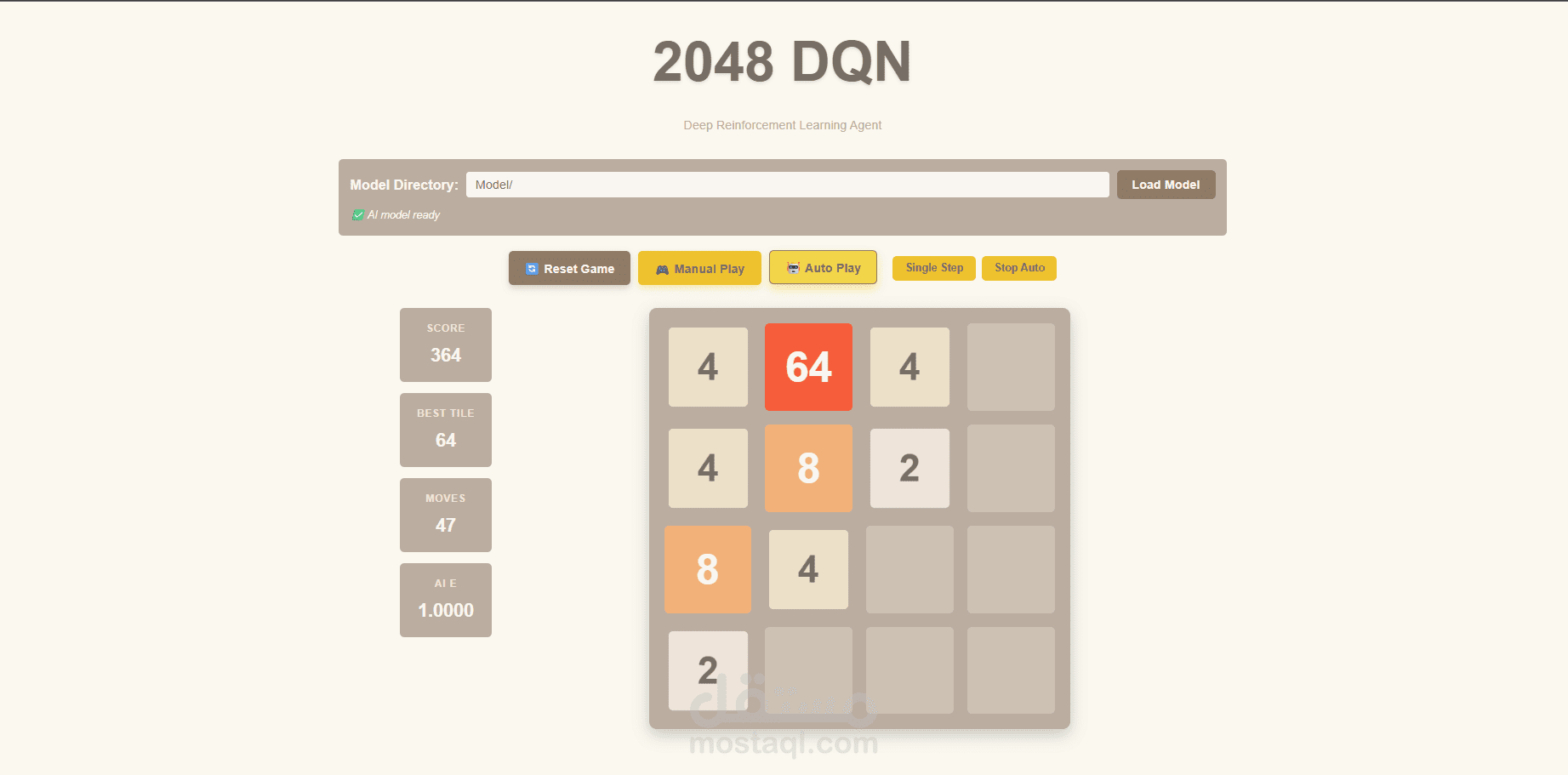 تطوير نموذج ذكاء صناعي لتعلّم لعبة 2048 باستخدام التعلم التعزيزي العميق