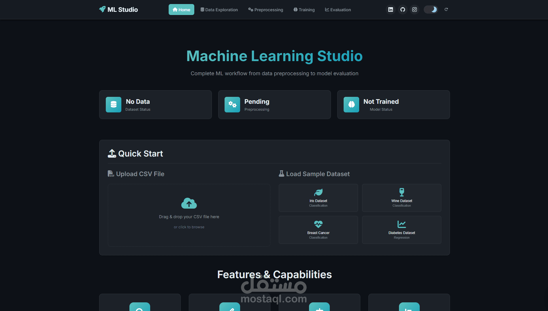 تطبيق ويب تفاعلي لإدارة مراحل تعلم الآلة(ML Workflow App).