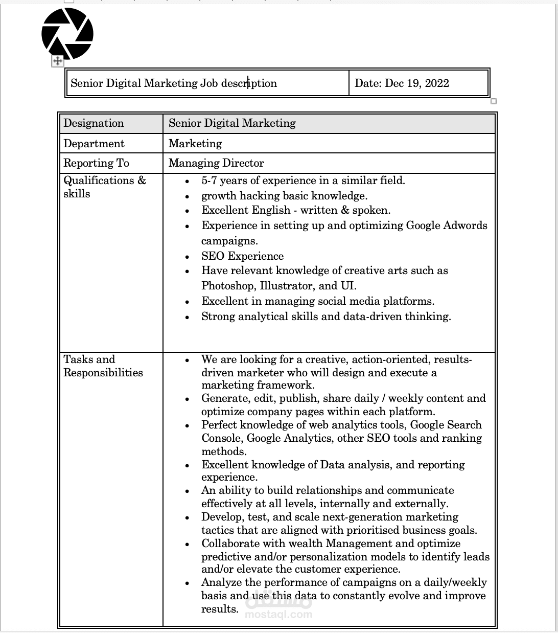 إنشاء وصف وظيفي