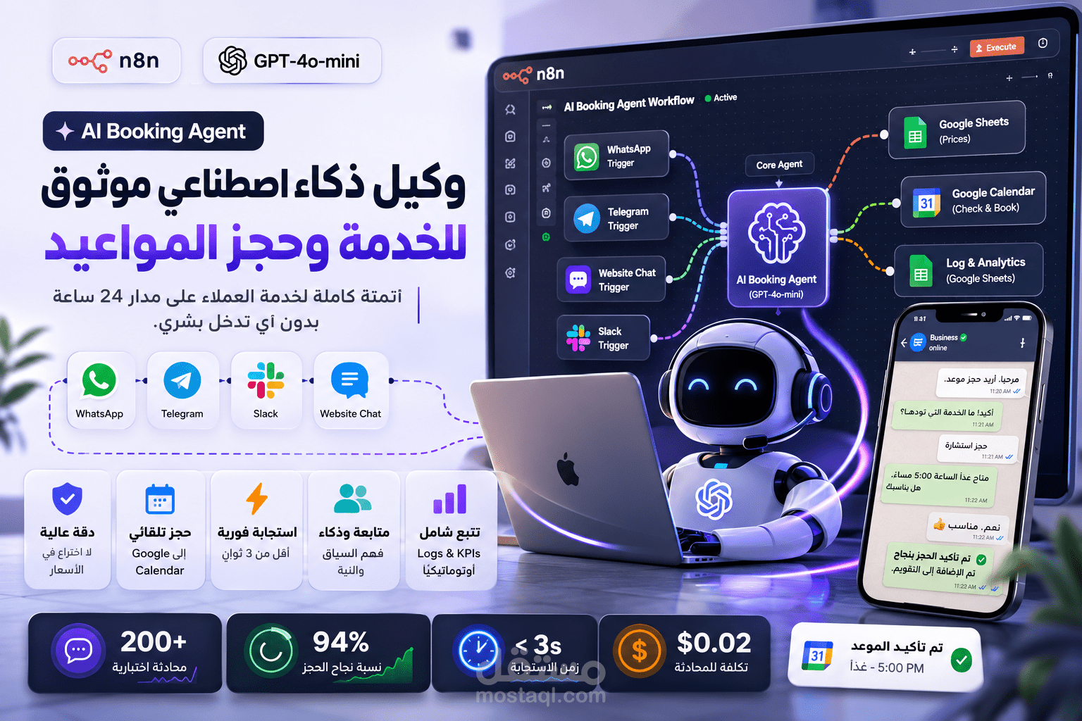 وكيل ذكاء اصطناعي متعدد القنوات لحجز المواعيد وأتمتة خدمة العملاء (n8n + OpenAI)