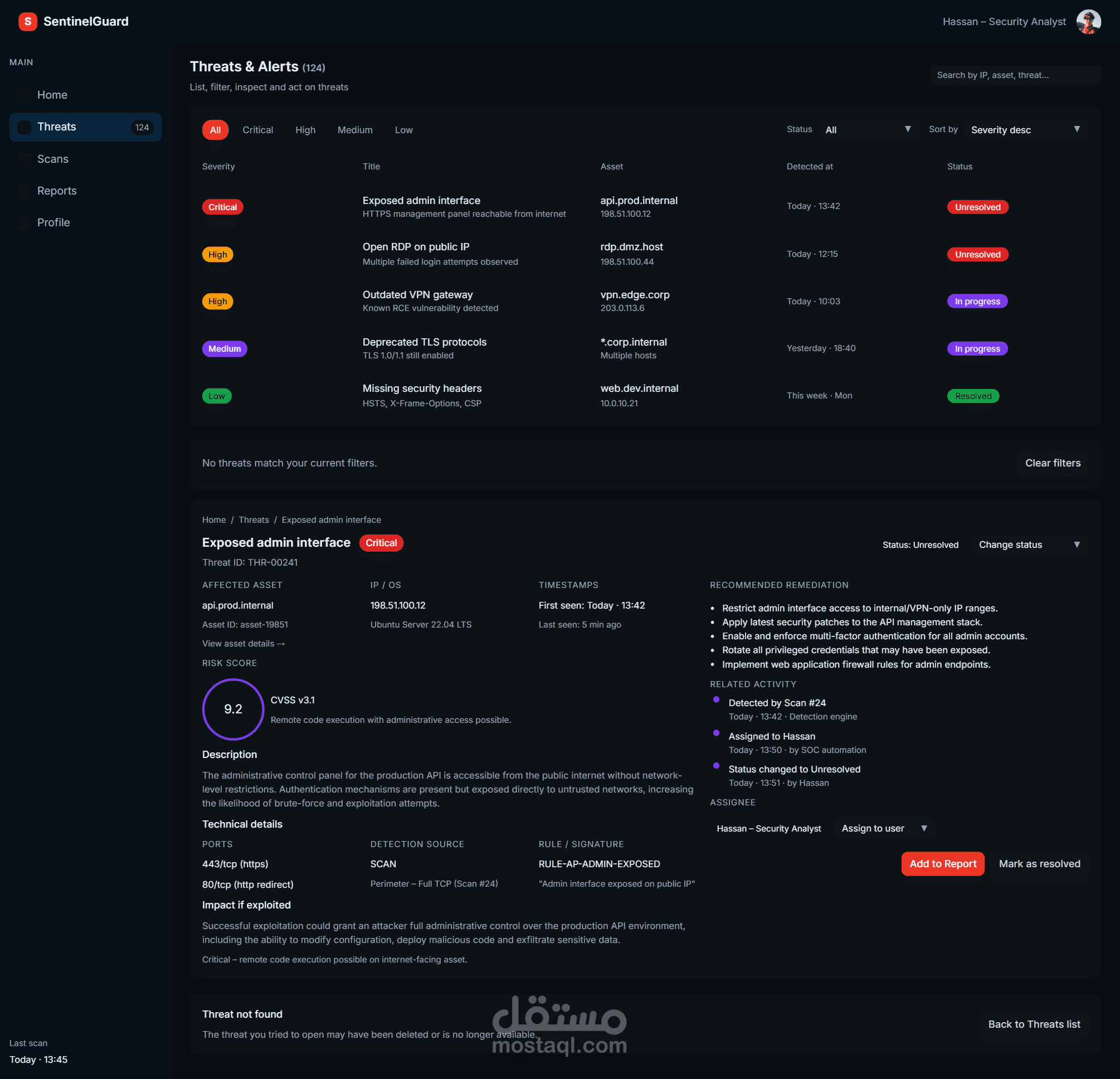 SentinelGuard – Cyber Security Dashboard UI (Desktop Web App)