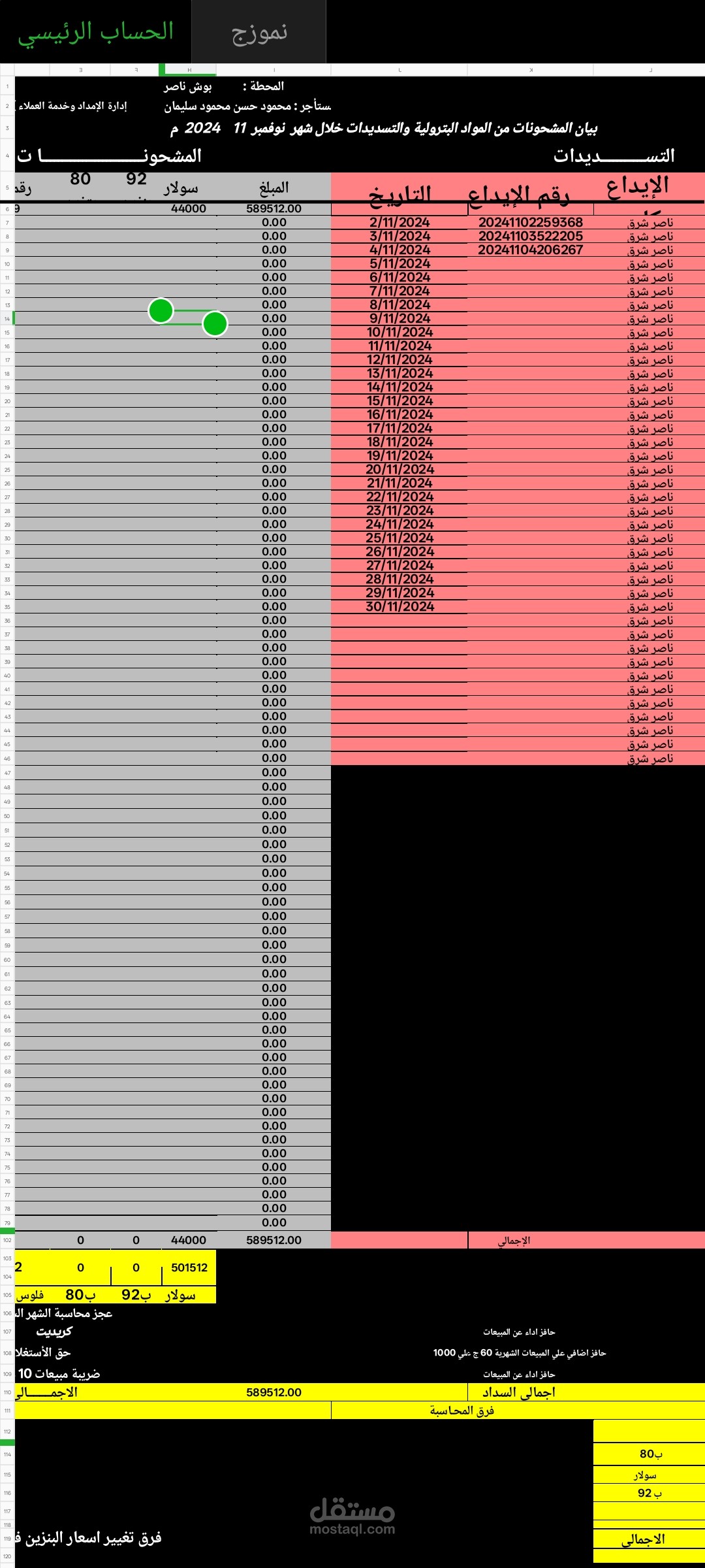 عمل حساب  مدين ودائن لمحطه تموين سيارات