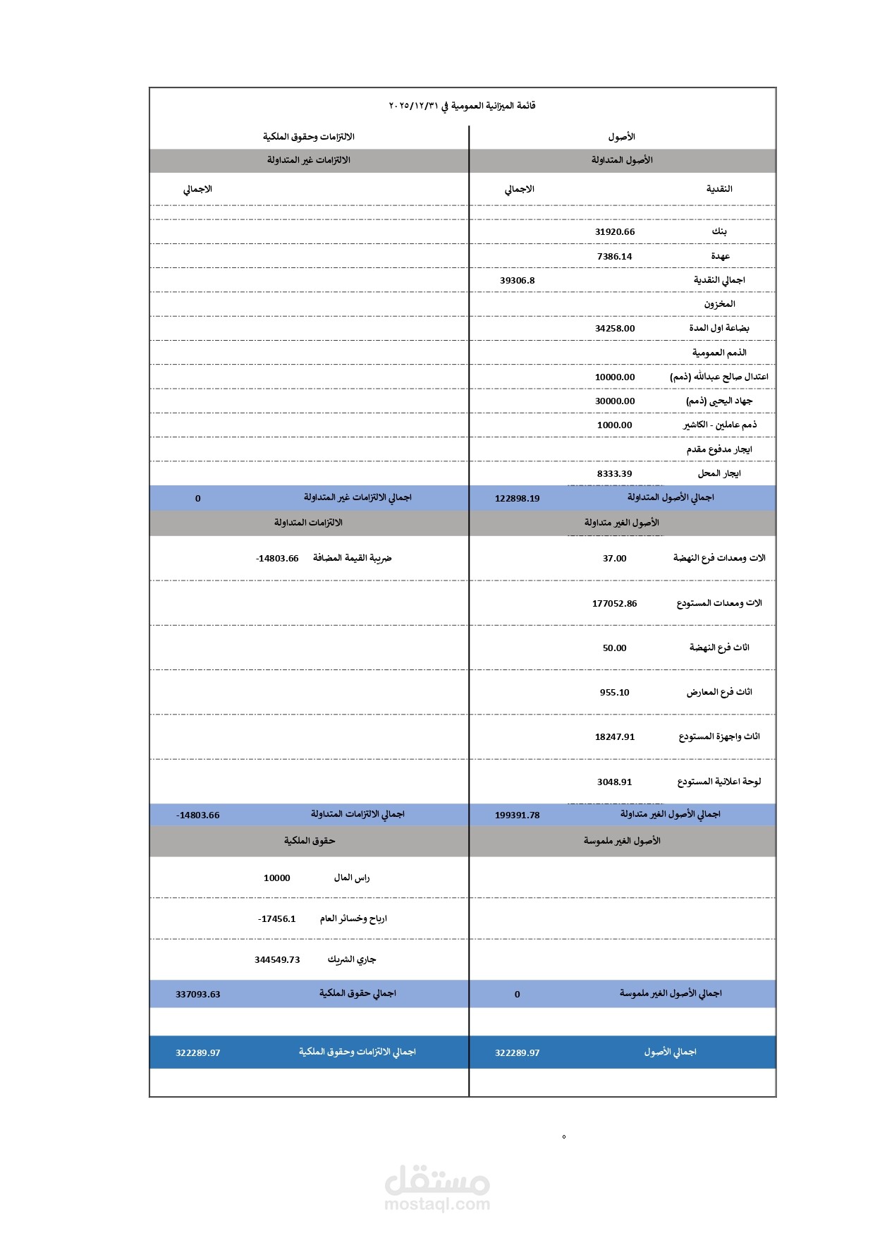 قائمة الميزانية العمومية عن عام 2025